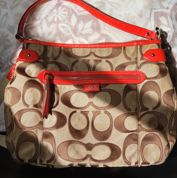 Coach Daisy Signature Convertible Hobo Purse F24062 Khaki Tan Coral Orange - Picture 2 of 9